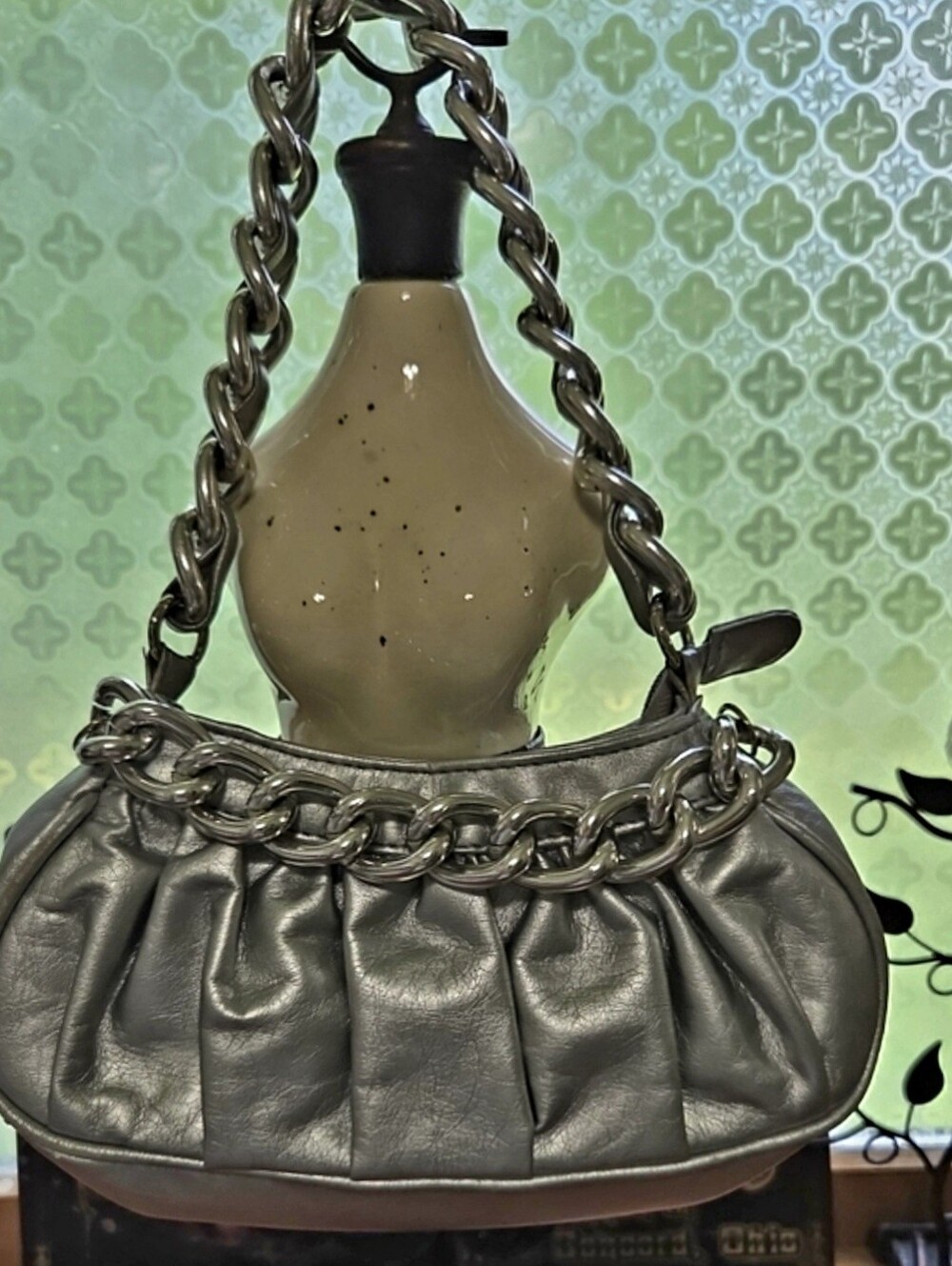Candie's Y2K Ruched Silver Pleather Mini Handbag With A Chunky Silver Chain